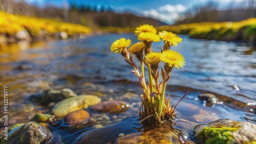 Close up of Tussilago farfara plant growing in river, Tussilago farfara, coltsfoot, plant, river, water, close up, nature