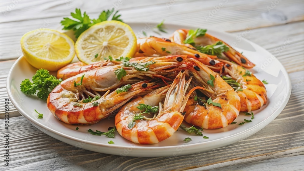 Close-up of grilled shrimp with a sprinkling of herbs and a slice of lemon on a white plate, food, seafood, fresh, delicious Close-up of grilled shrimp with a sprinkling of herbs and a slice of lemon on a white plate, food, seafood, fresh, delicious