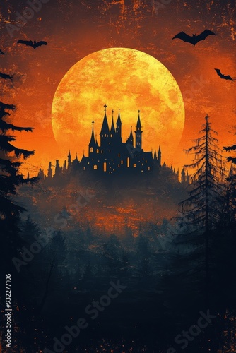 Spooky sunset with carved pumpkins and flying bats on Halloween night
