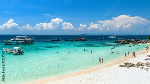 Beautiful beach with boats and tourists