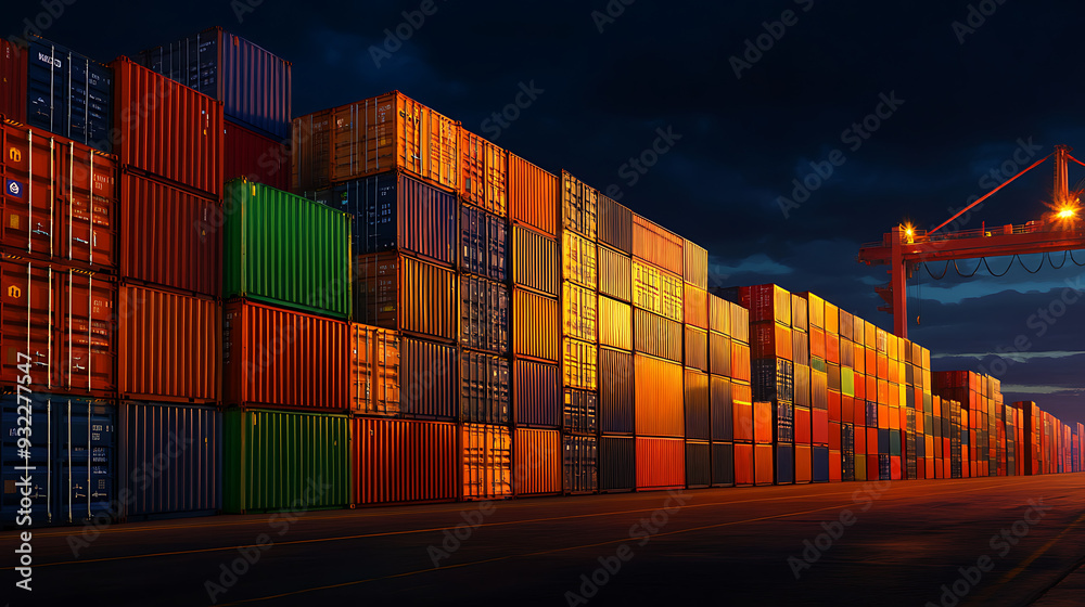 Fototapeta premium A row of colorful shipping containers at a port at dusk. The containers are stacked high, and a crane is visible in the background.