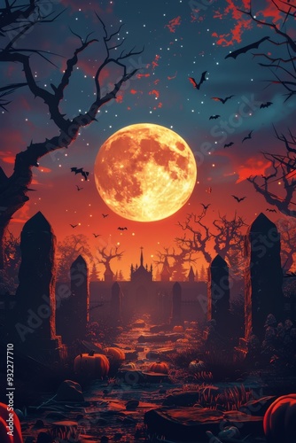Full moon illuminates a spooky graveyard with bats and pumpkins at twilight