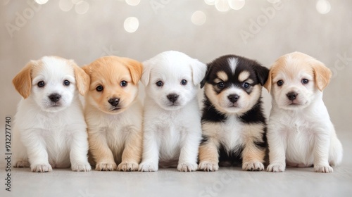 Five adorable puppies sitting together on a neutral background