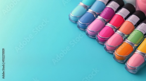 Vibrant nail polish bottles arranged on a blue surface with green leaves nearby