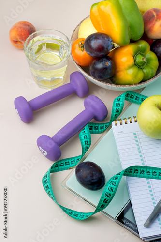 Fototapeta Naklejka Na Ścianę i Meble -  The concept of a healthy lifestyle, sports, fitness, healthy nutrition, daily routine. A plate with vegetables and fruits, scales, dumbbells, a centimeter, a clock on a light background.
