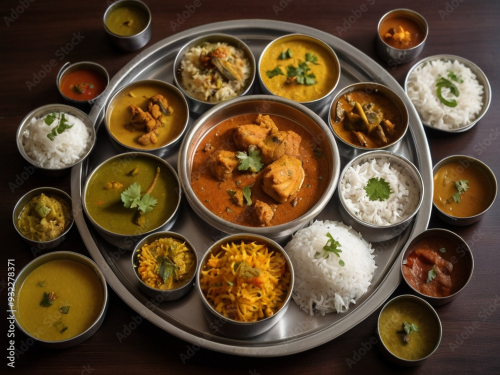 A traditional Indian thali with a variety of curries and rice. A traditional Indian thali with a variety of curries and rice.