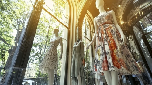 Mannequins displaying summer dresses in a boutique with elegant windows