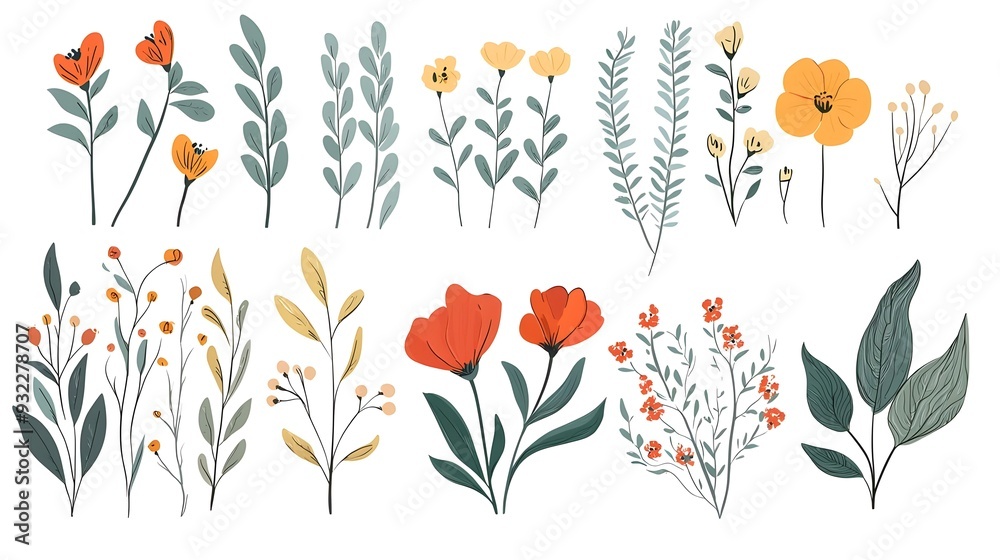 Hand-drawn floral elements and leaves vector illustration Hand-drawn floral elements and leaves vector illustration