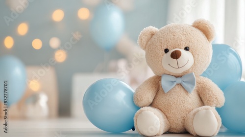 Cute teddy bear with blue balloons at a baby shower celebration