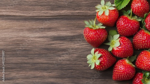 Fresh strawberries arranged on rustic wooden surface in natural light