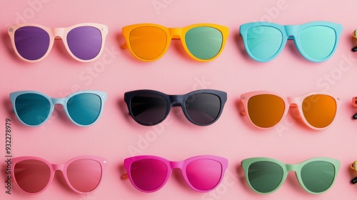 Colorful sunglasses displayed on a vibrant pink background for summer fashion