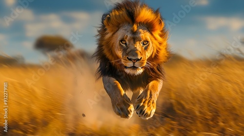 Majestic male lion mid-leap with rippling muscles and flowing mane