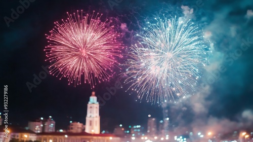 Colorful fireworks illuminate the night sky over a city skyline during a fest...