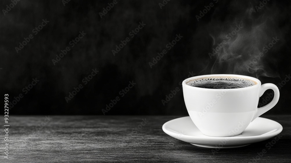 Freshly brewed black coffee in a white cup on a dark background Freshly brewed black coffee in a white cup on a dark background