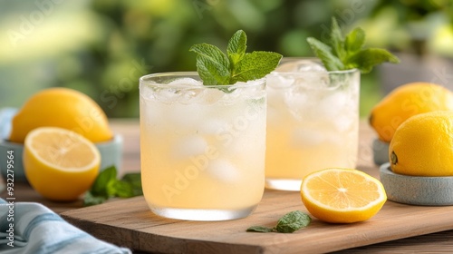 Refreshing lemon mint drinks served with fresh lemons and herbs in bright kit...