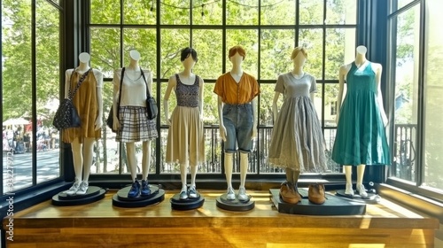 Mannequins displaying summer dresses in a boutique with elegant windows