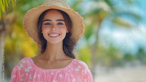 Smiling woman wearing a straw hat under palm trees on a sunny tropical day