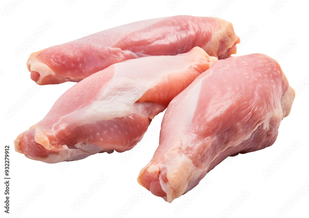 Three pieces fresh raw chicken legs meat isolated on white background, transparent background, clipping path, remove background, pen tool path, png background Three pieces fresh raw chicken legs meat isolated on white background, transparent background, clipping path, remove background, pen tool path, png background