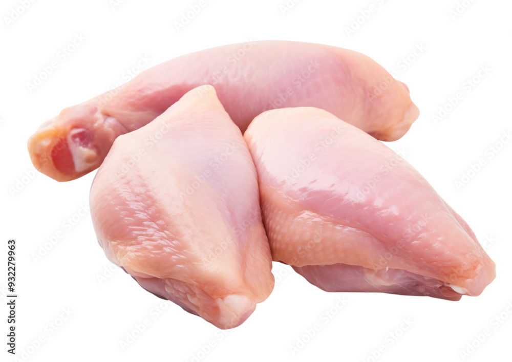 Three pieces fresh raw chicken legs meat isolated on white background, transparent background, clipping path, remove background, pen tool path, png background Three pieces fresh raw chicken legs meat isolated on white background, transparent background, clipping path, remove background, pen tool path, png background