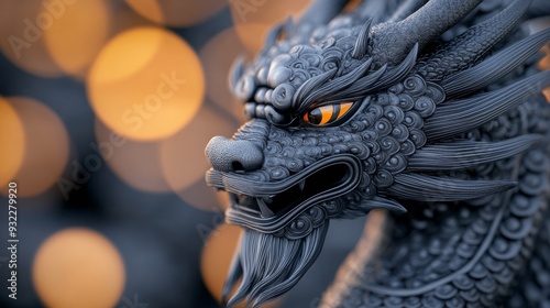 Stone dragon sculpture detailed against blurred greenery in a tranquil garden