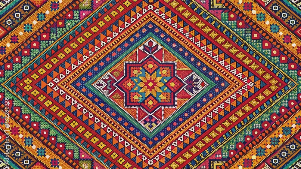 Vibrant and intricate geometric patterns woven through the ancient art of Indian Patola weaving, Indian, Patola Vibrant and intricate geometric patterns woven through the ancient art of Indian Patola weaving, Indian, Patola