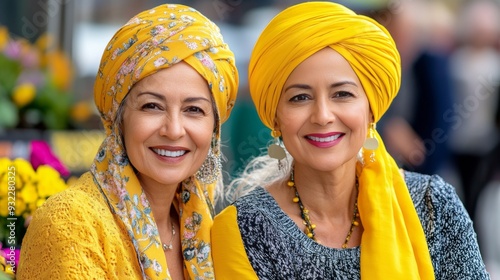 Two women in vibrant yellow head wraps smiling outdoors during a sunny day