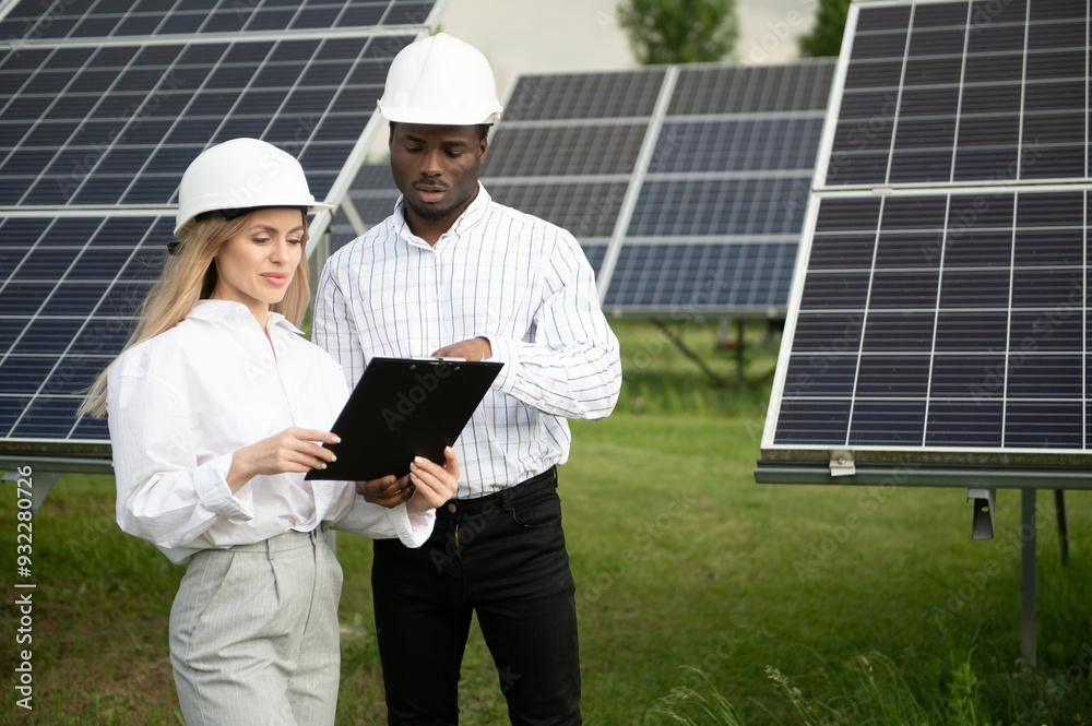 Group of multi ethnic people and safety helmets staring at solar farm. Group of multi ethnic people and safety helmets staring at solar farm.