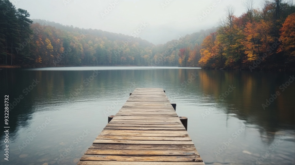 Calm autumn lake view with a wooden dock under clear blue skies Calm autumn lake view with a wooden dock under clear blue skies