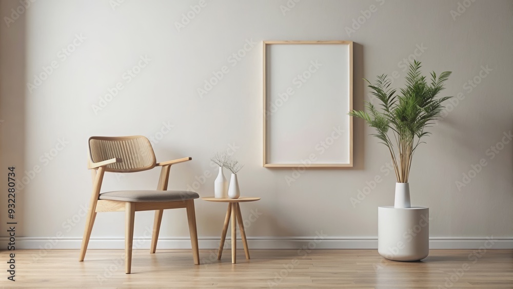 Minimalist blank frame mockup in modern interior with trendy vase and chair, blank frame, mockup, modern interior, trendy Minimalist blank frame mockup in modern interior with trendy vase and chair, blank frame, mockup, modern interior, trendy