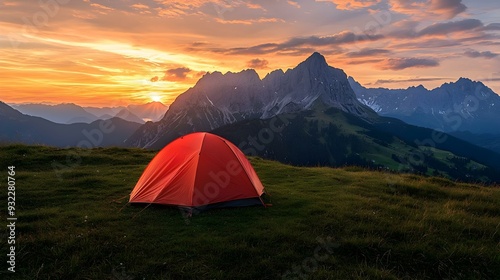 Tent pitched in Allgau Alps at sunset with Sulzspitze