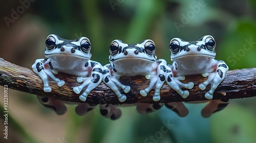 Three Amazon Milk Frogs on a Branch photo