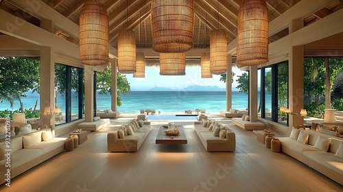  A spacious living room adorned with an abundance of furniture and boasting a large wicker-covered window offering stunning ocean views photo