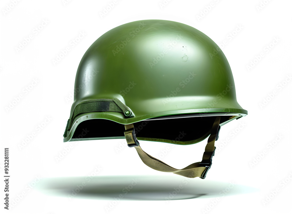 Fototapeta premium Capacete militar verde com alça de presilha flutuando em fundo branco com sombra