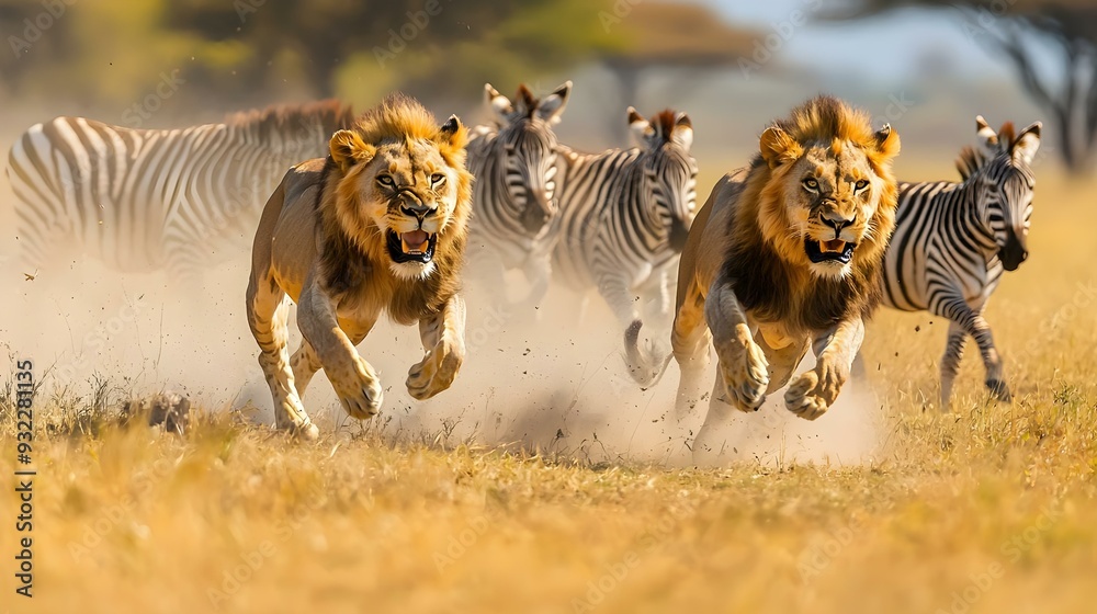 Fototapeta premium Wildlife photography of lions chasing zebras across the savanna