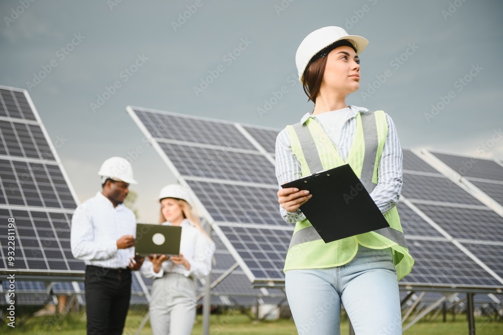 Team of young engineers on a solar farm Team of young engineers on a solar farm