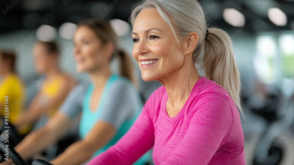 Women cycling indoors during a fitness class at a gym in the morning Women cycling indoors during a fitness class at a gym in the morning