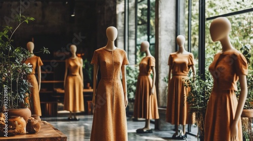 Display of stylish clothing on mannequins in a modern boutique during autumn