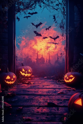 Spooky sunset with carved pumpkins and flying bats on Halloween night