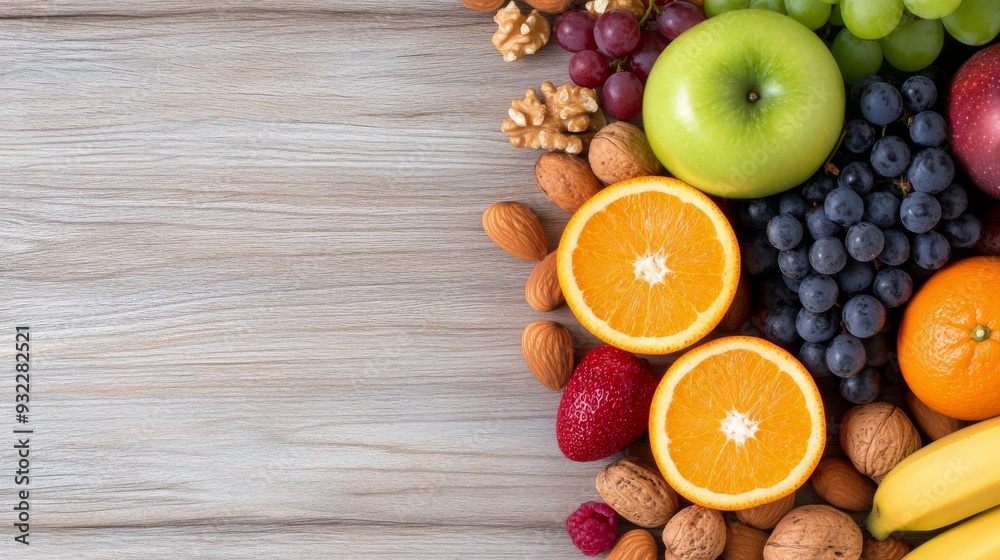 Fresh assortment of fruits and nuts arranged on wooden surface in natural light Fresh assortment of fruits and nuts arranged on wooden surface in natural light