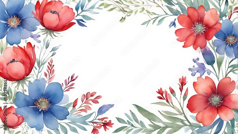 Watercolor botanical red flowers background empty frame. Watercolor botanical red flowers background empty frame.