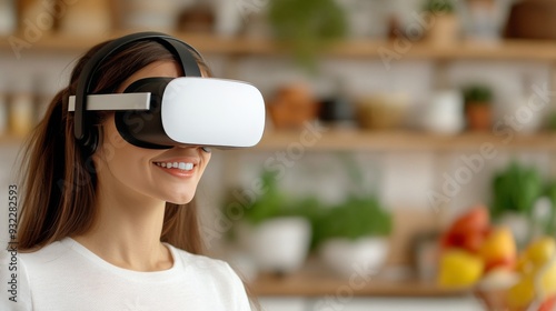 Woman enjoying virtual reality experience in a cozy kitchen setting