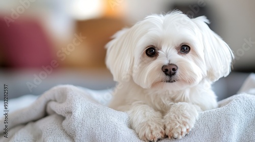 Cute white dog resting on a soft blanket in a cozy indoor setting
