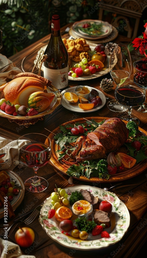 Elegant dining table set with roasted meat, vegetables, and fruits ready for a feast