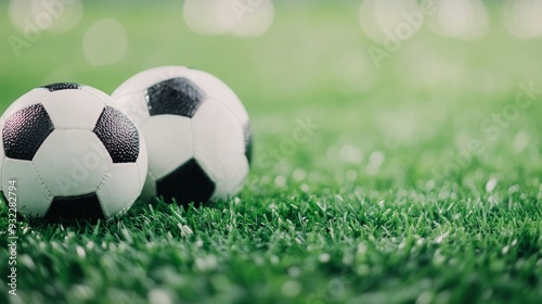 Soccer balls resting on green grass in a bright outdoor field