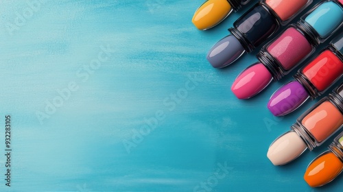 Vibrant nail polish bottles arranged on a blue surface with green leaves nearby