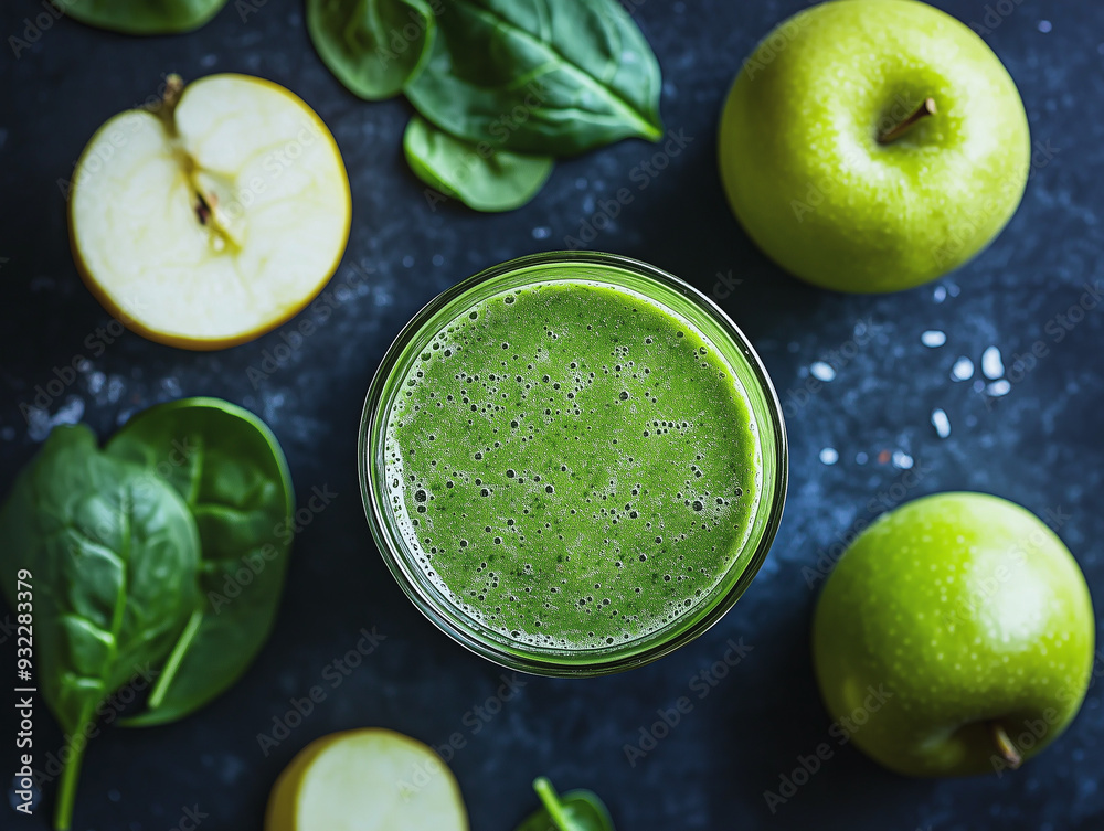 Green smoothie with spinach and green apples on a dark textured background, surrounded by fresh ingredients Green smoothie with spinach and green apples on a dark textured background, surrounded by fresh ingredients