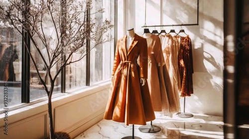 Display of stylish clothing on mannequins in a modern boutique during autumn