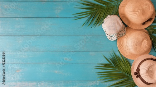 Colorful summer hats arranged on a turquoise wooden background with tropical ...
