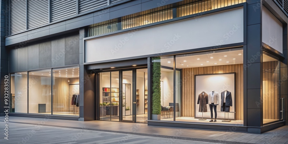 Obraz premium Glass facade of modern shop with stylish outdoor advertising and signage placement, glass facade, shop