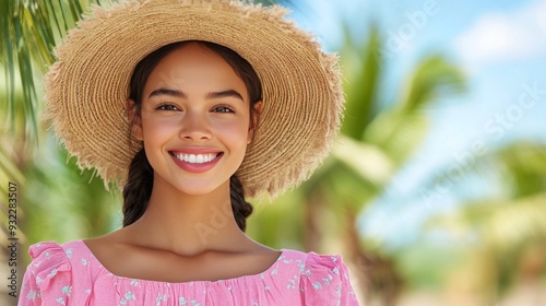Smiling woman wearing a straw hat under palm trees on a sunny tropical day